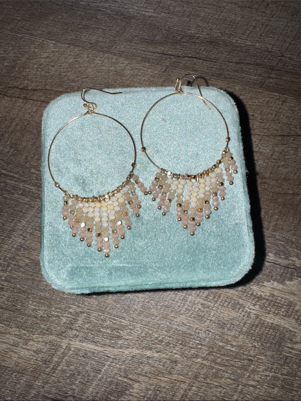 Gold Hoop Fringe Earrings with Beige Beads